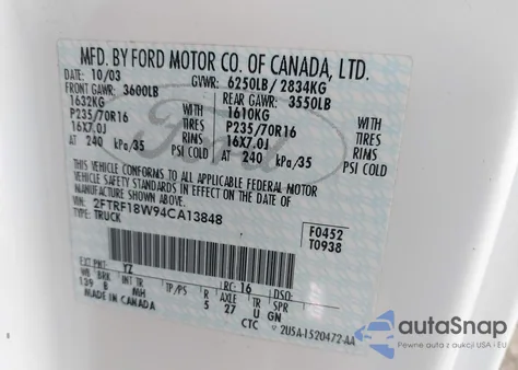 2004 Ford F-150 Heritage Xl/Xlt z USA, uszkodzony, nr VIN 2FTRF18W94CA13848